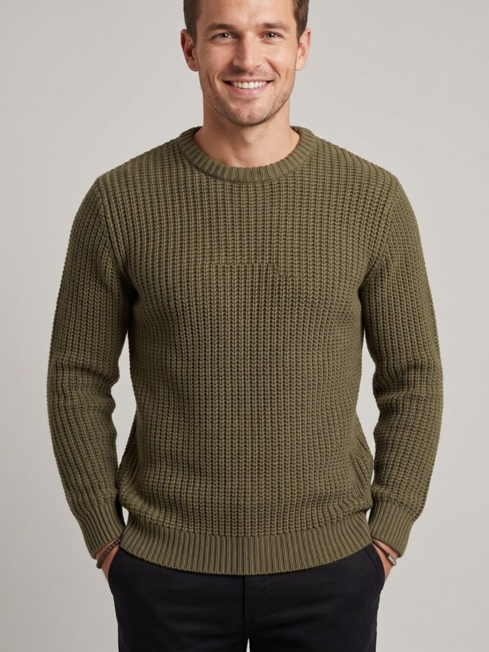 NWT PJ Paul Jones Mens Army Green Waffle Knit Crewneck Pullover Sweater Medium